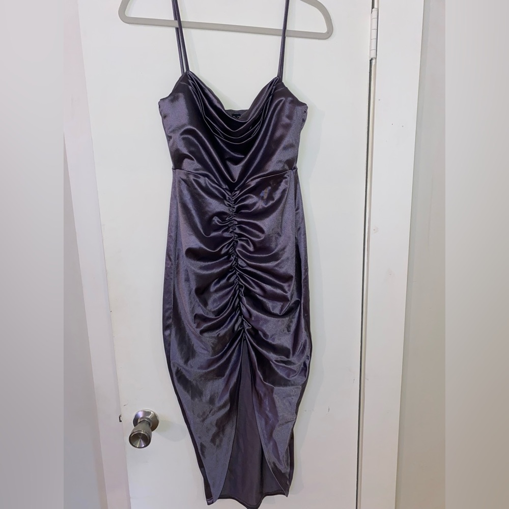 Metallic pale purple midi dress with ruching and swoop neckline